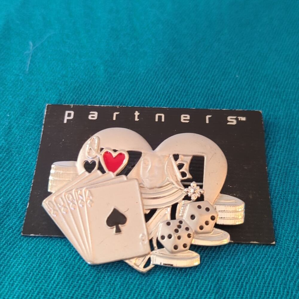 Casino Cards Game Night Gambling Coat Pin, Queen of Hearts, Spades, Dice on Card